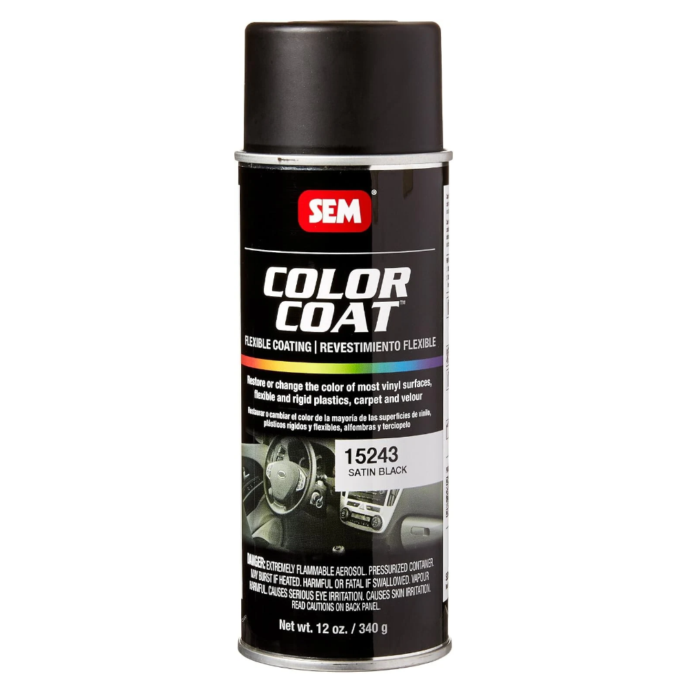 SEM Color Coat Satin Black Aerosol — Flexible Vinyl, Plastic & Carpet Coating (15243/85243), 12 oz